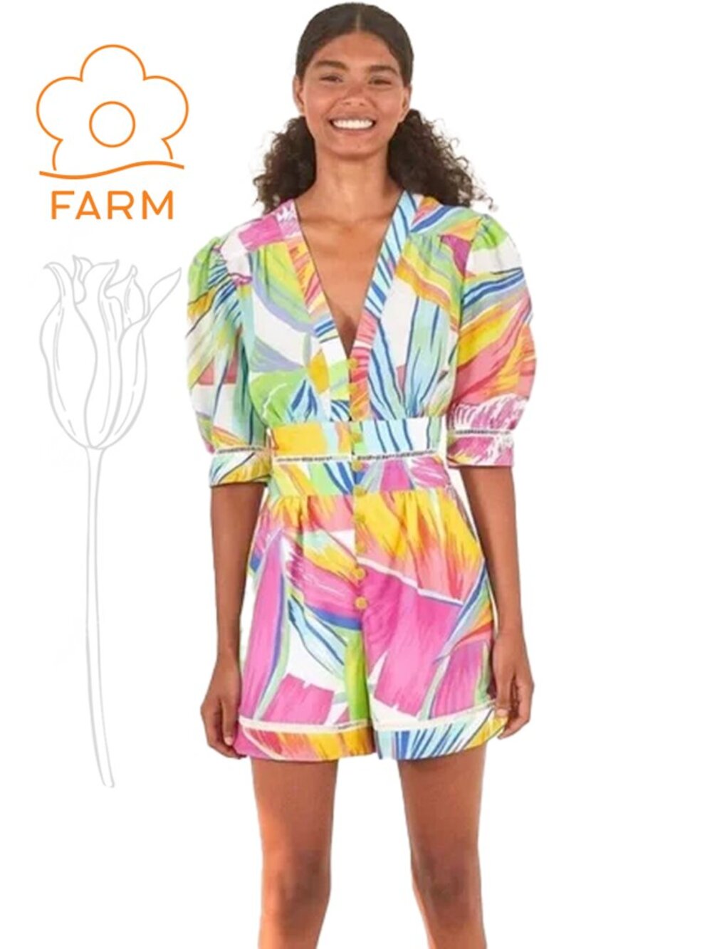 FARM RIO Rainbow Leaf's Romper Sleeved Jumpsuit